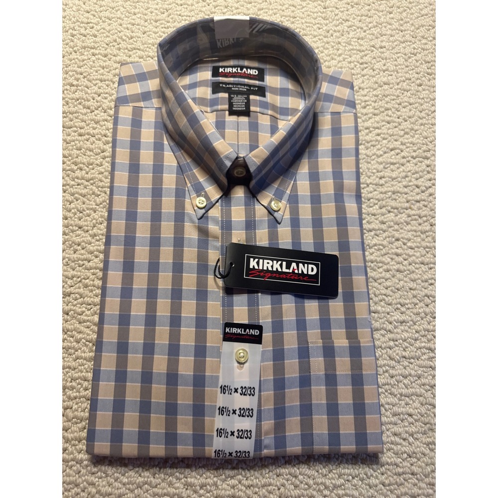 Kirkland Signature Blue Tan Check Dress Shirt 16.5 32/33 Non-Iron Traditional